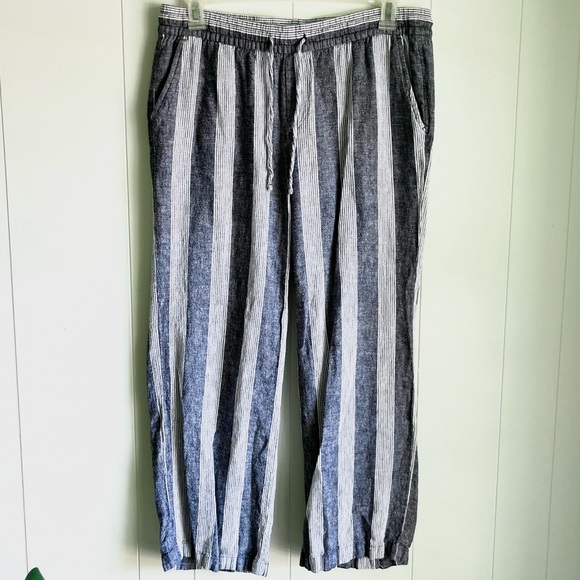 Old Navy Pants - Old Navy Linen Blend Navy Striped Drawstring Pants Sz Lg Lagen Look Coas…